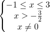 \[\begin{Bmatrix}{ -1 \le x \le 3 }\\{x>-\frac32}\\{x\ne0}\end{matrix}\]