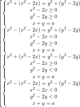 \[\begin{bmatrix} { \begin{Bmatrix} {x^2+(x^2-2x)=y^2+(y^2-2y)} \\{x^2-2x \ge 0} \\{y^2-2y \ge 0} \\{x+y=a} \end{matrix} }\\{ \begin{Bmatrix} {x^2-(x^2-2x)=y^2+(y^2-2y)} \\{x^2-2x < 0} \\{y^2-2y \ge 0} \\{x+y=a} \end{matrix} }\\{ \begin{Bmatrix} {x^2+(x^2-2x)=y^2-(y^2-2y)} \\{x^2-2x \ge 0} \\{y^2-2y < 0} \\{x+y=a} \end{matrix} }\\{ \begin{Bmatrix} {x^2-(x^2-2x)=y^2-(y^2-2y)} \\{x^2-2x < 0} \\{y^2-2y < 0} \\{x+y=a} \end{matrix} } \end{matrix}\]