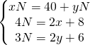 \[\begin{Bmatrix}{ xN= 40+ yN}\\{ 4N=2x+8}\\{ 3N=2y+6}\end{matrix}\]